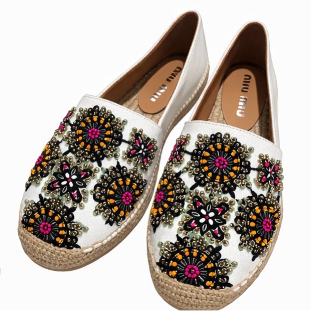 Miu Miu White Floral Embellished Espadrilles Size 39 IT
